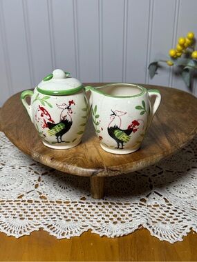 Vintage Rooster Creamer and Sugar Set in Cream and Green